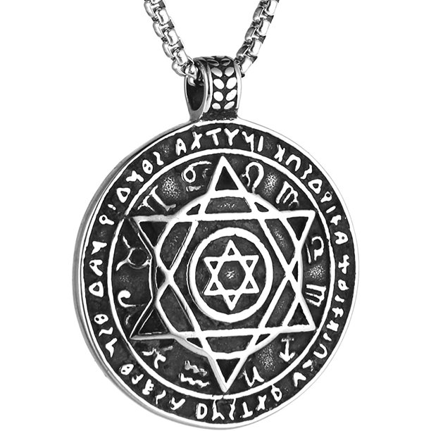 Amulet seal Solomon hexagram 12 signs of the zodiac pendant stainless steel necklace