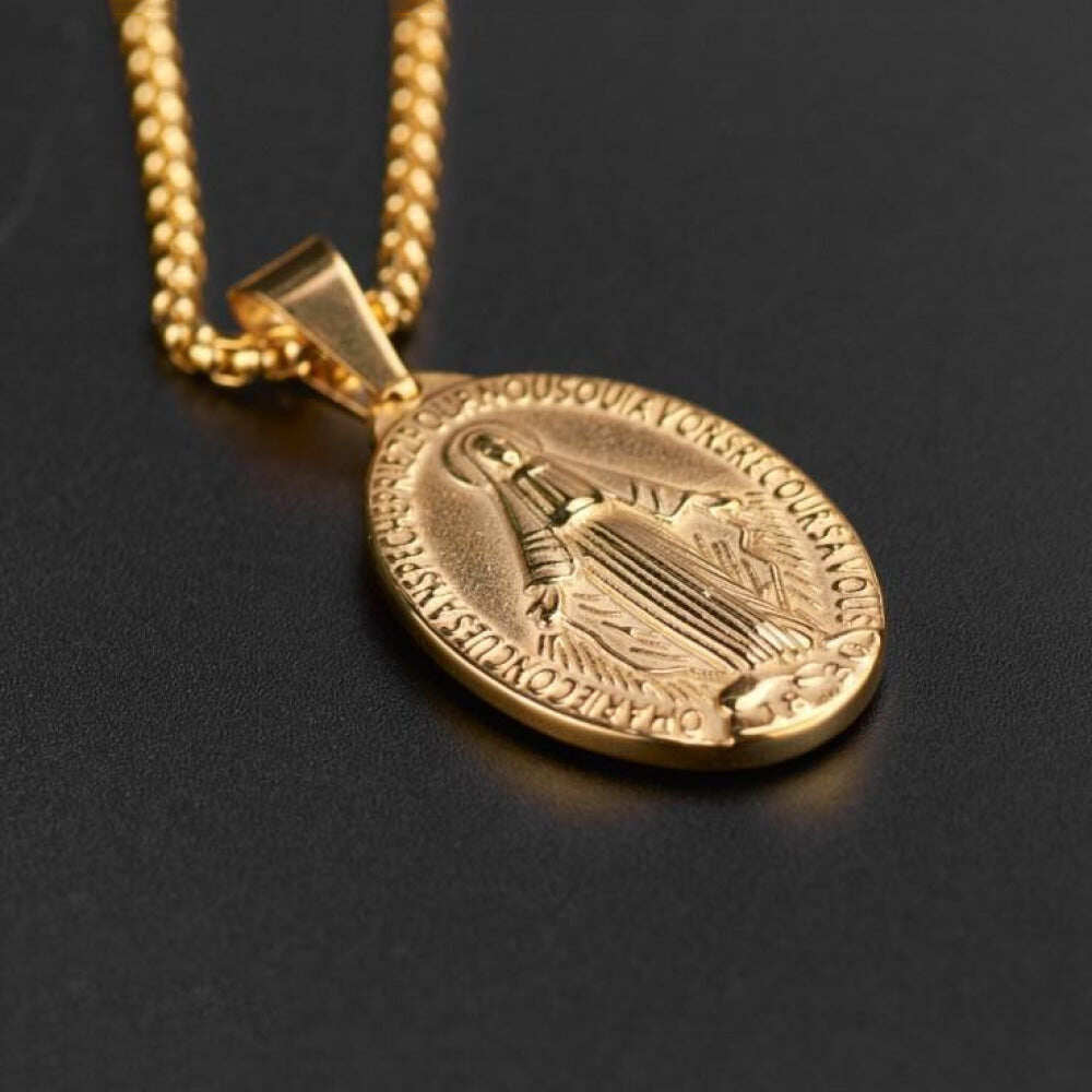 Double-sided embossed Virgin Mary oval pendant