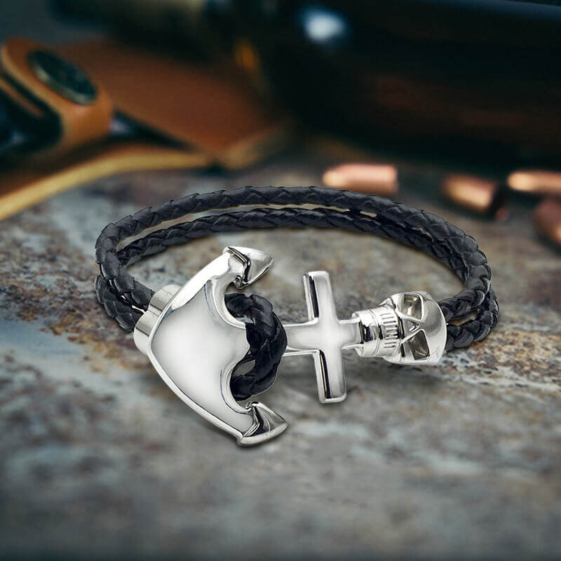 Anchor Skull Double Braided Leather Bracelet