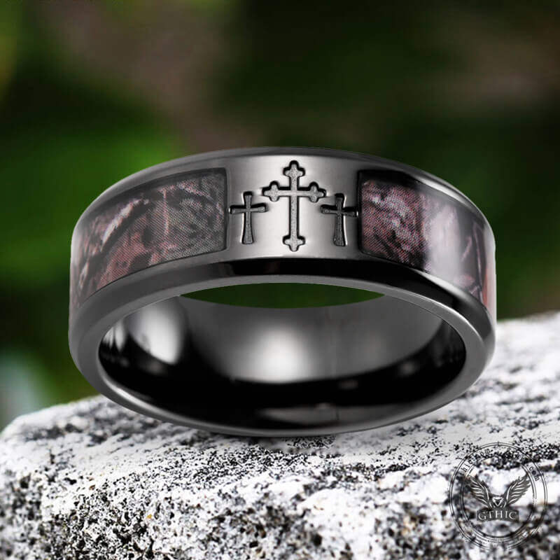 Black Camo Cross Titanium Band Ring
