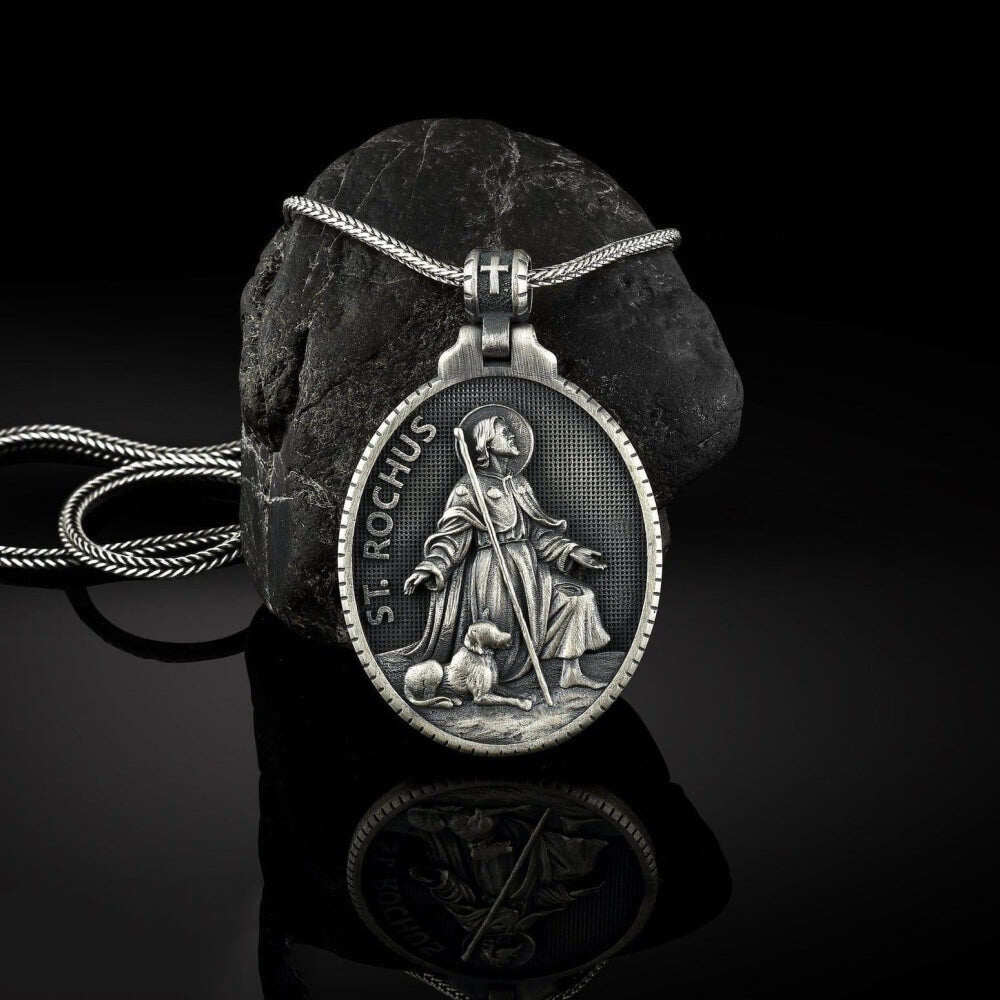 Pure Tin St. Rochus Medallion Necklace，The patron saint of dogs, plagues,bachelors, sick cows, the disabled,  surgeons,pilgrims,   falsely accused people,pharmacists.