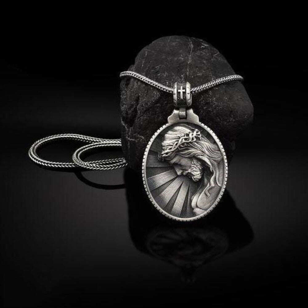 Pure Tin Crusicfied Jesus face Rays of hope Power Medallion Necklace
