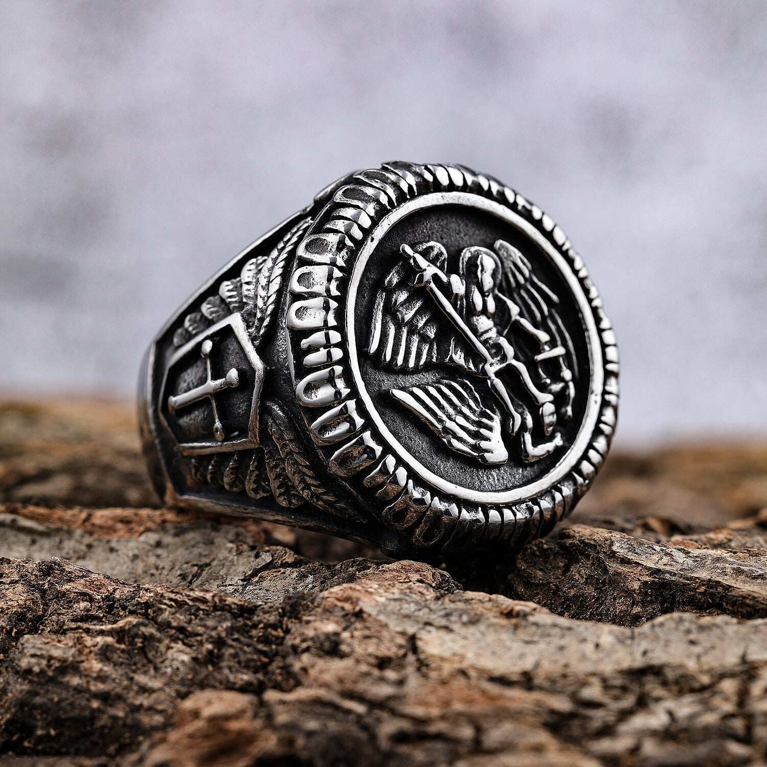 Archangel Saint Michael Stainless Steel Men’s Ring Handcrafted