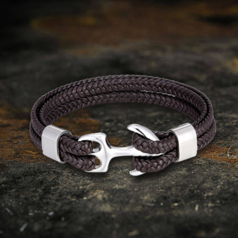 Anchor Buckle Braided Leather Stainless Steel Bracelet