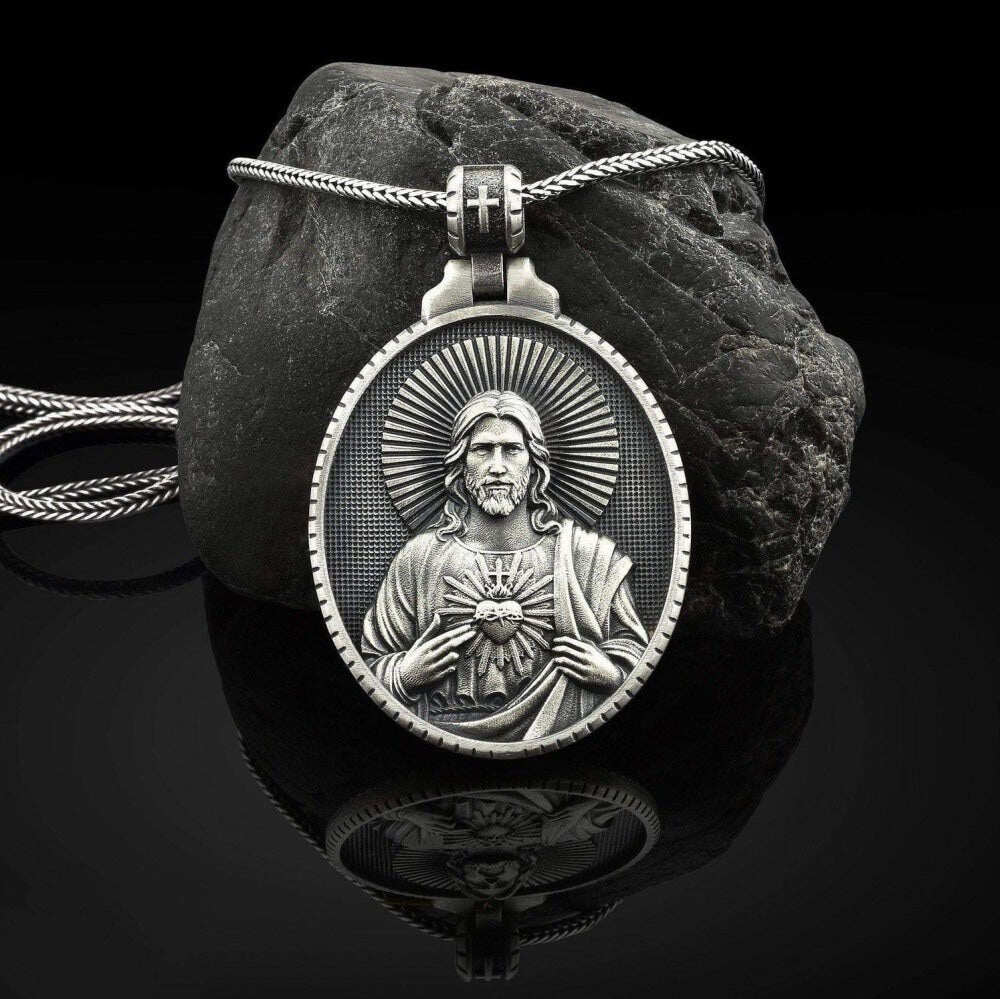 Pure Tin Jesus Christ with Sacred Heart Necklace