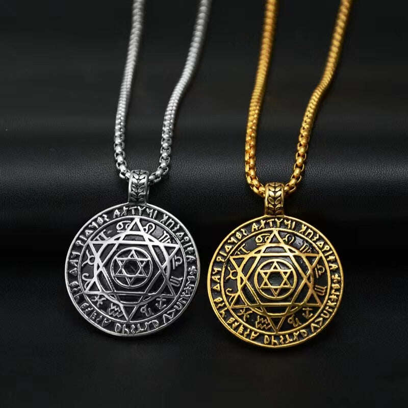Amulet seal Solomon hexagram 12 signs of the zodiac pendant stainless steel necklace