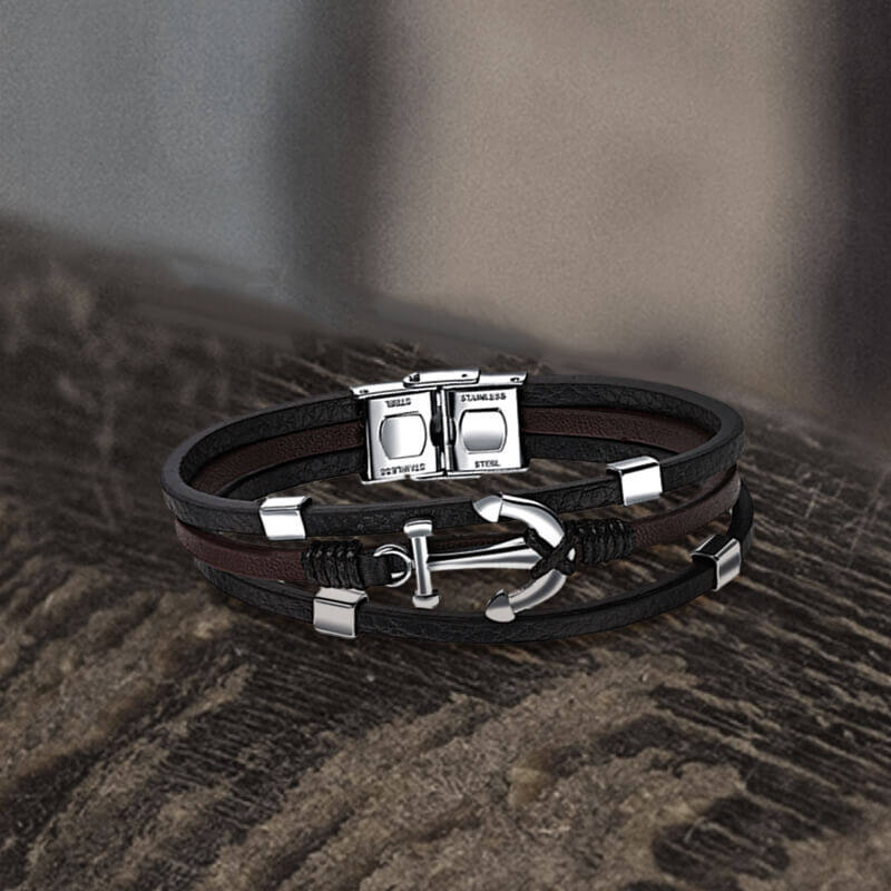 Vintage Multilayer Leather Anchor Stainless Steel Bracelet