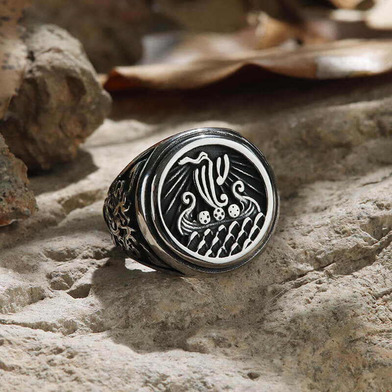 Dragon Ship Stainless Steel Viking Ring