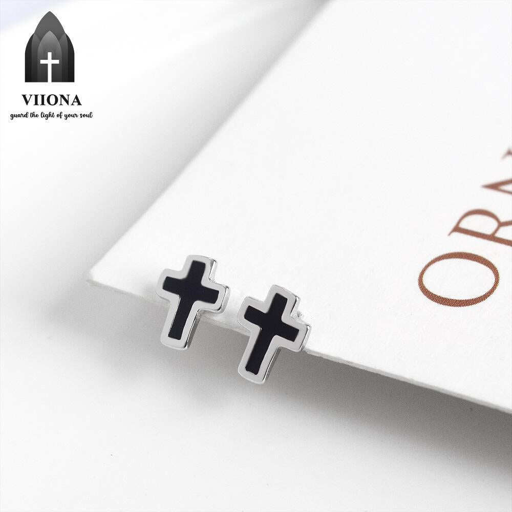 Viiona Black Plum Heart Cross Moon Stud Earrings