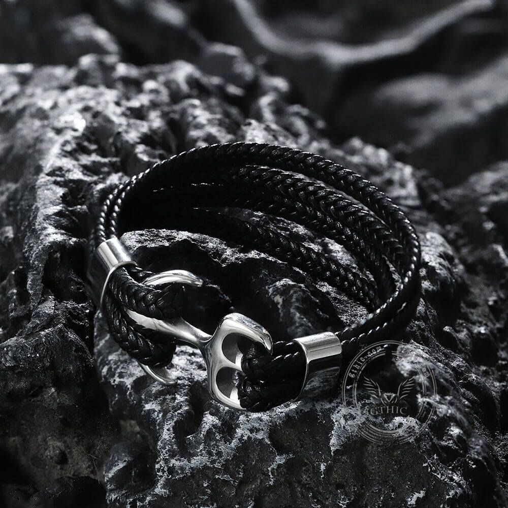Anchor Buckle Braided Leather Stainless Steel Bracelet