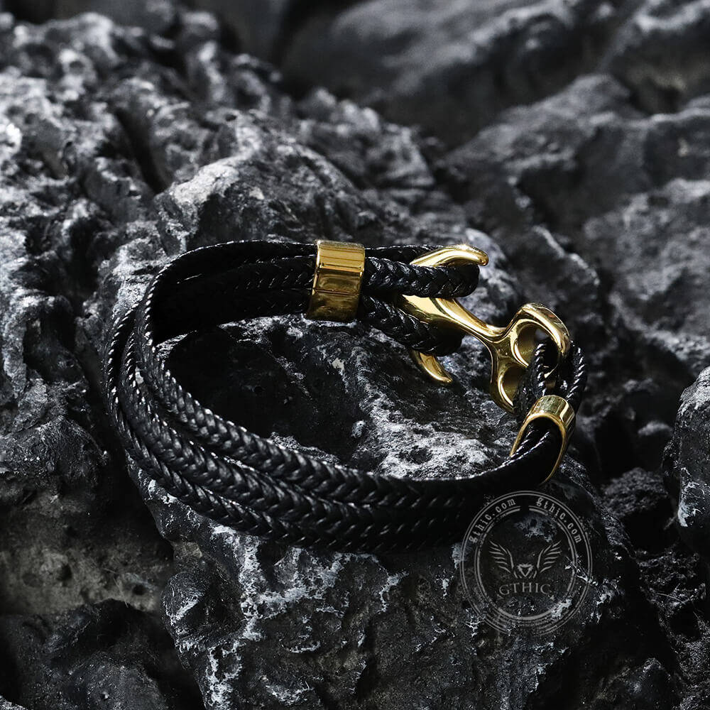 Anchor Buckle Braided Leather Stainless Steel Bracelet