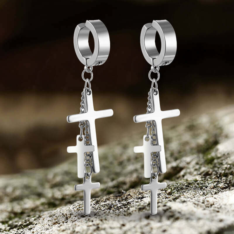 Cross Stainless Steel Clip Hoop Earring