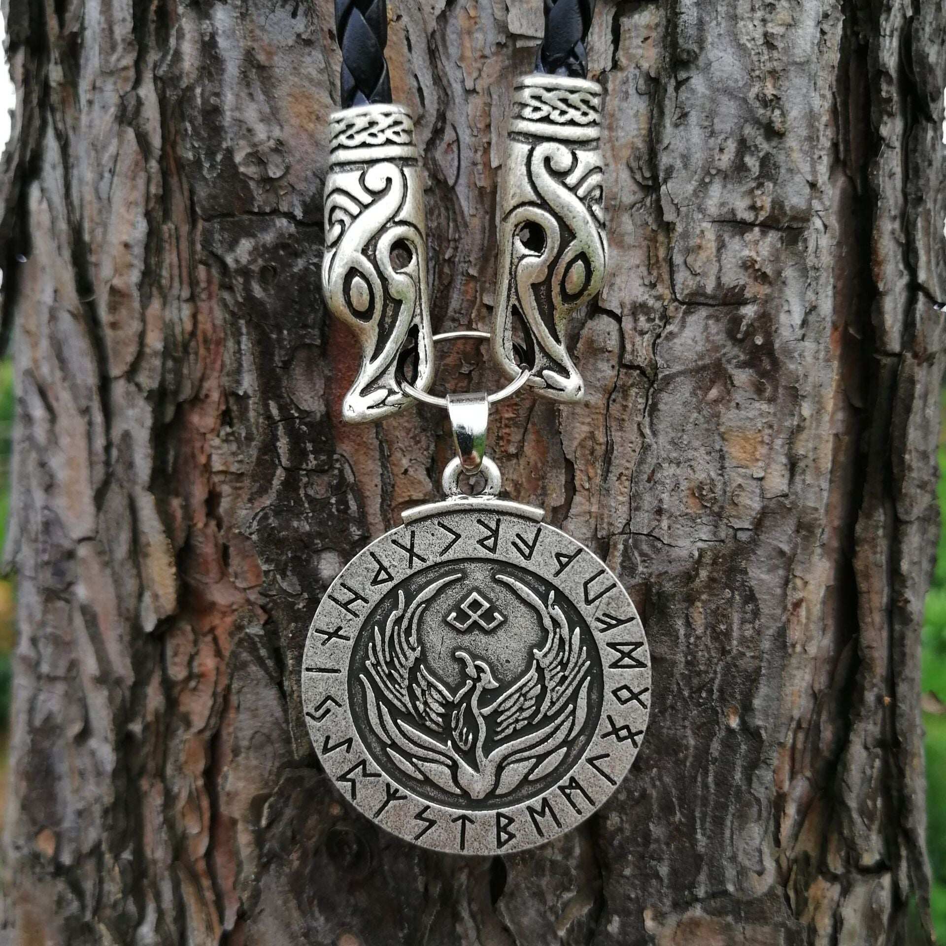 Viking Runic Alphabet Rune Raven Pendant Necklace