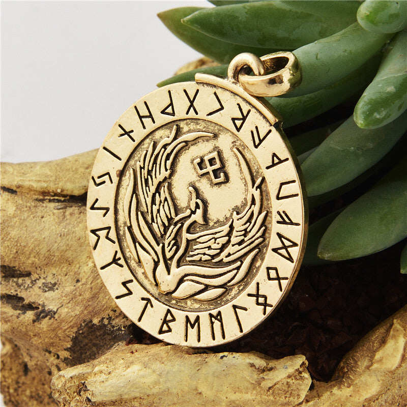 Viking Runic Alphabet Rune Raven Pendant Necklace