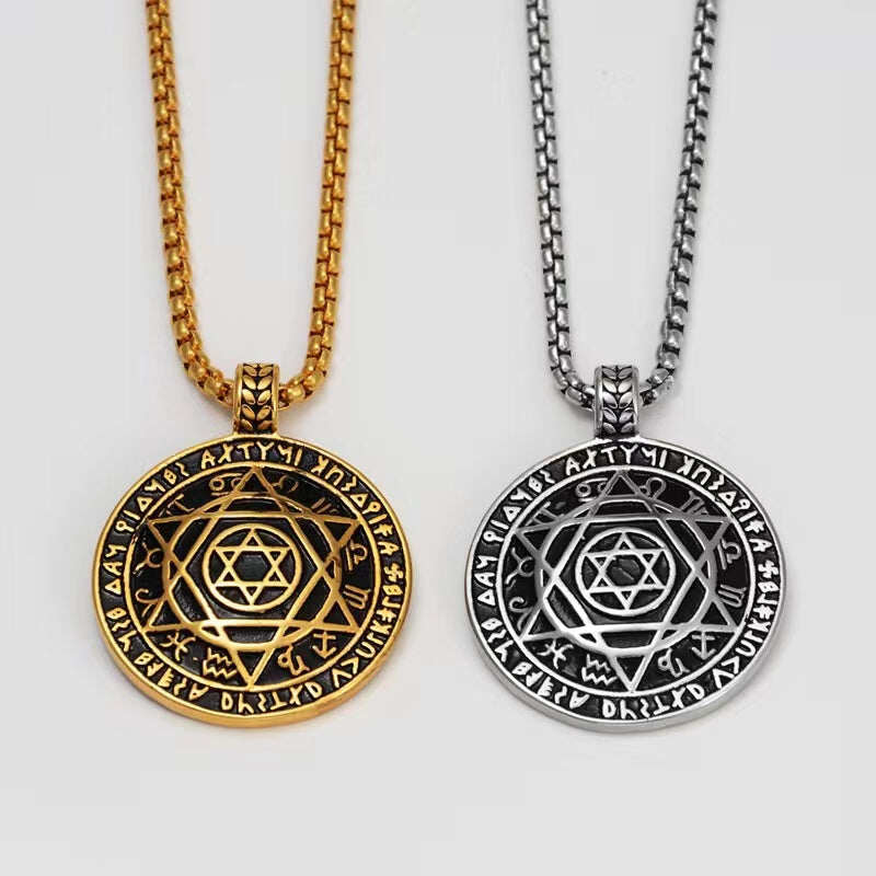 Amulet seal Solomon hexagram 12 signs of the zodiac pendant stainless steel necklace