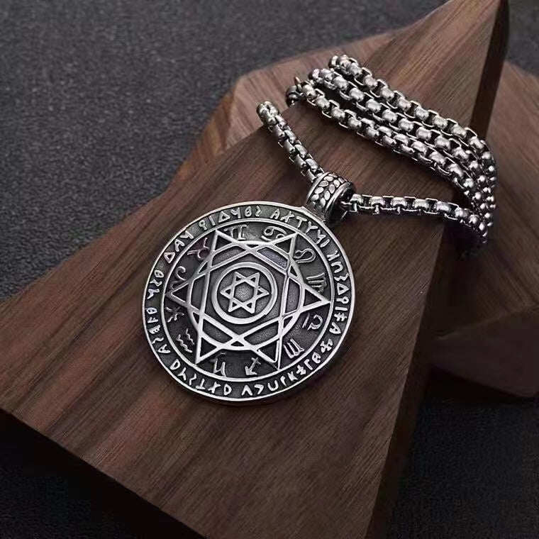 Amulet seal Solomon hexagram 12 signs of the zodiac pendant stainless steel necklace
