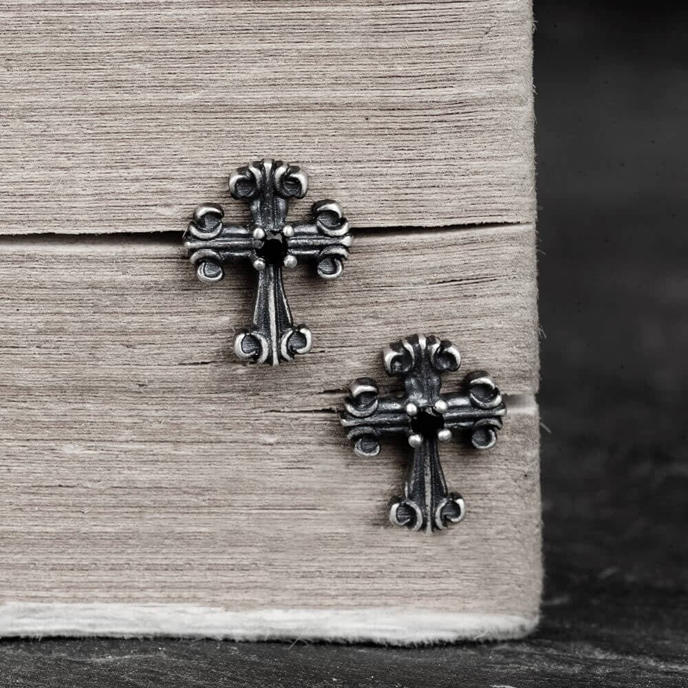 Gothic Victorian Cross Sterling Silver Stud Earrings