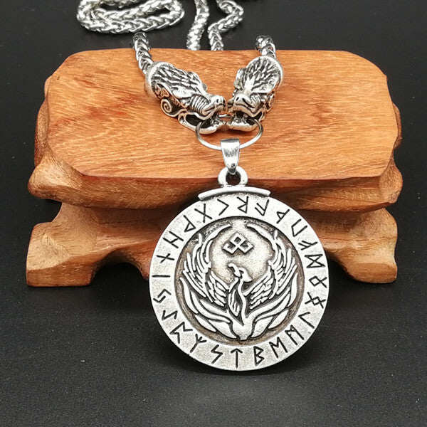 Viking Runic Alphabet Rune Raven Pendant Necklace