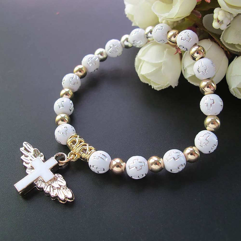 Angel Wing Cross Rosary Bronzing Acrylic Baptism Stretch Beaded