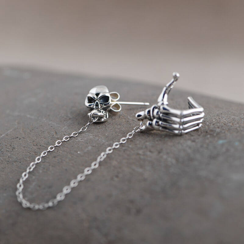 Skull Hand Sterling Silver Ear Cuff Chain Earrings