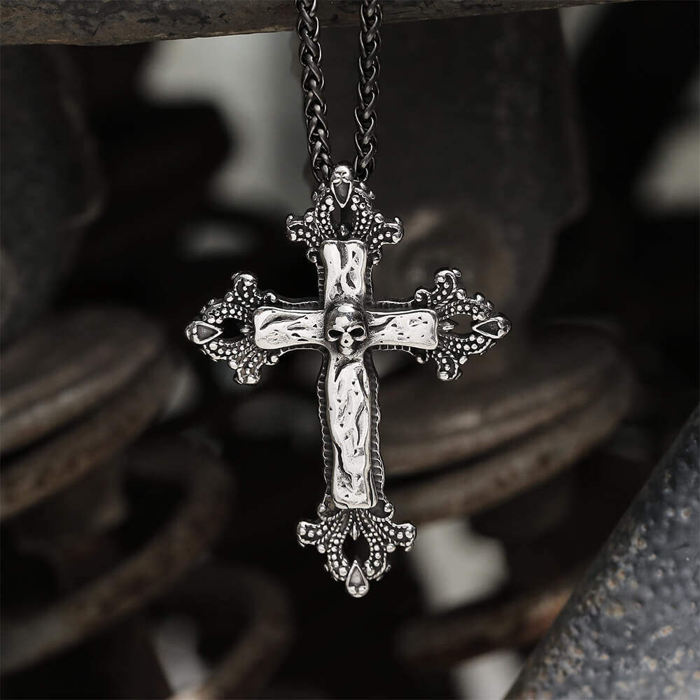 Budded Cross Stainless Steel Skull Pendant