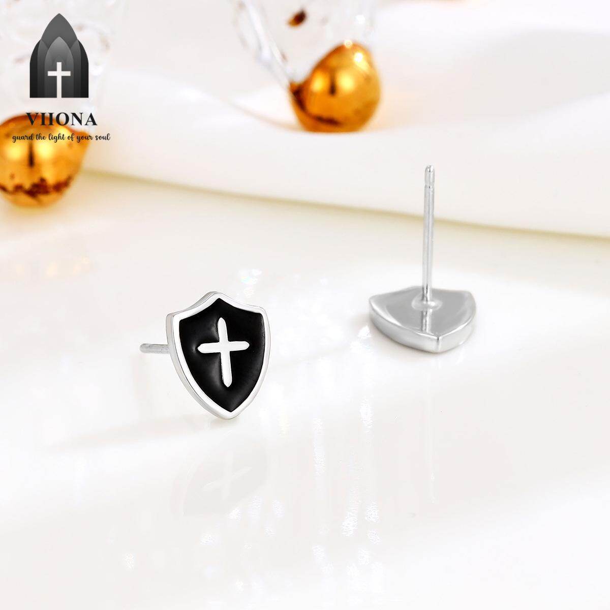 Viiona 925 Silver Black Cross Stud Earrings