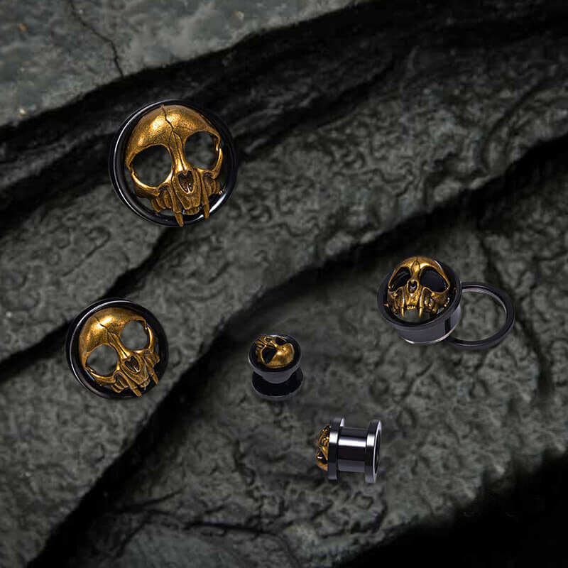 Antique Gold Skull Stainless Steel Ear Gauges