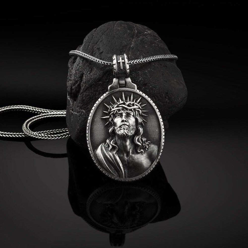 PURE TIN Crucifix Jesus Crown Of Thorns Pendant Necklace