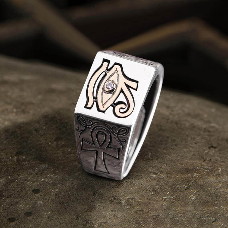 Eye of Ra Ankh Egyptian Symbol Sterling Silver Adjustable Ring