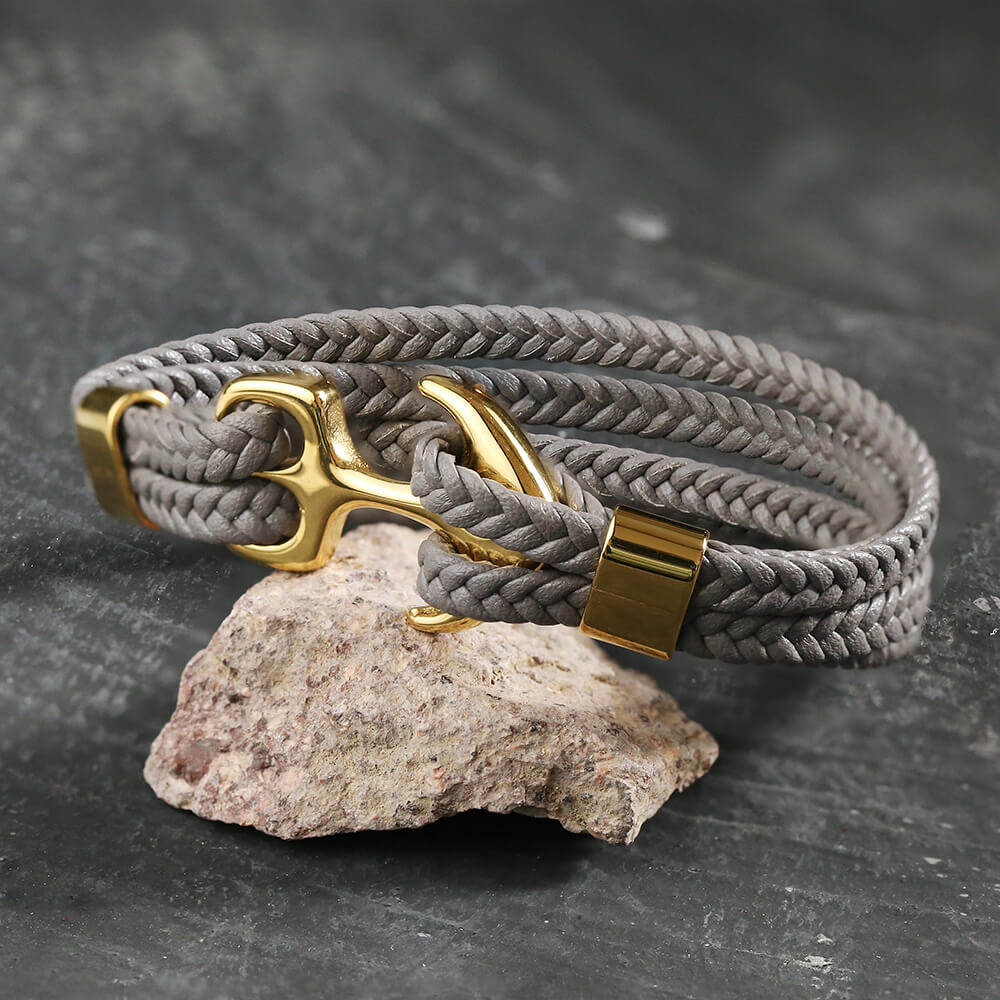 Anchor Buckle Braided Leather Stainless Steel Bracelet