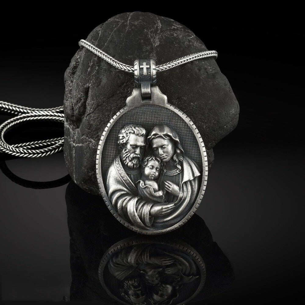 PURE TIN Holy Family Christian Medallion Pendant Necklace