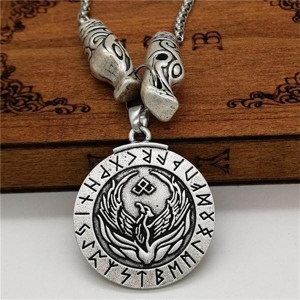 Viking Runic Alphabet Rune Raven Pendant Necklace