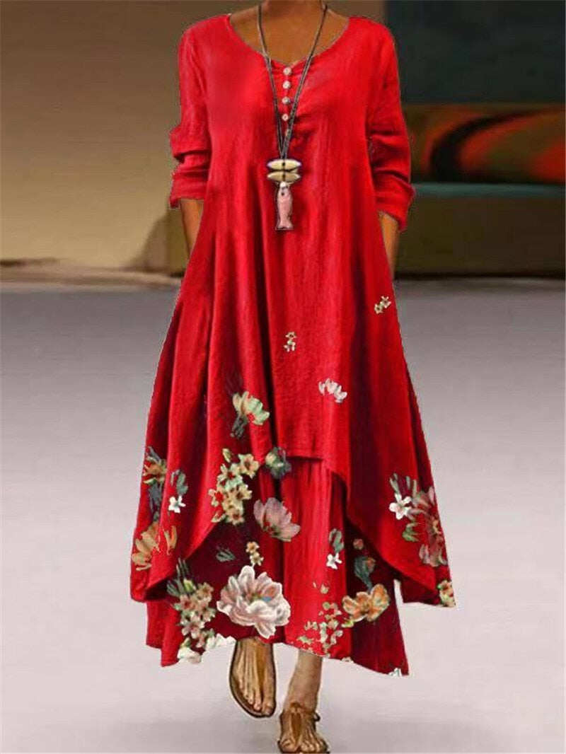 Summer Floral Print Long Sleeve Dresses Women O Neck Buttons Irregular Hem Maxi Dress Loose Plus Size Party Vestidos Long Dress