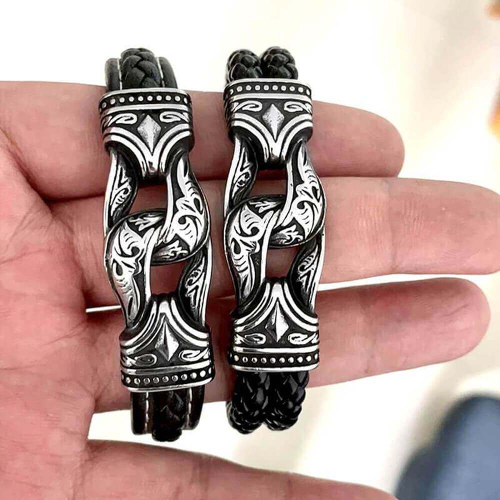 Carved Viking Stainless Steel Leather Bracelet