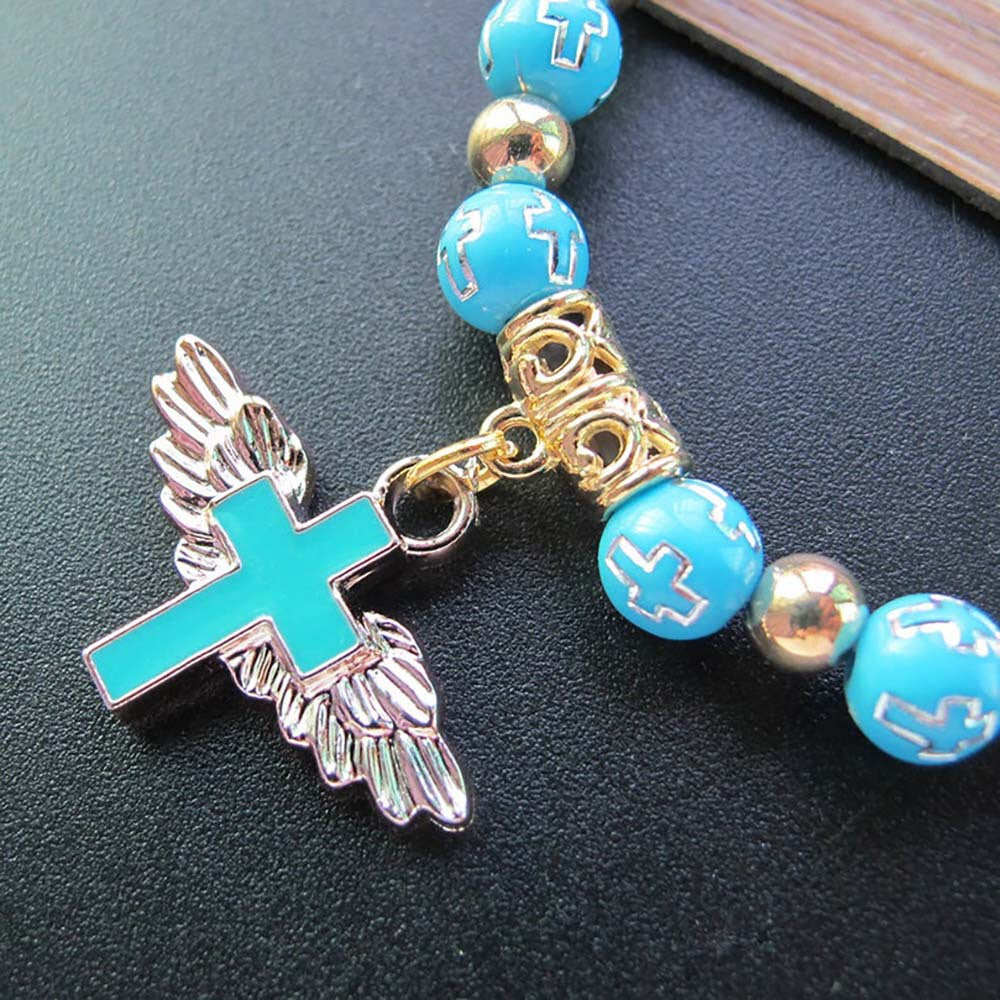 Angel Wing Cross Rosary Bronzing Acrylic Baptism Stretch Beaded