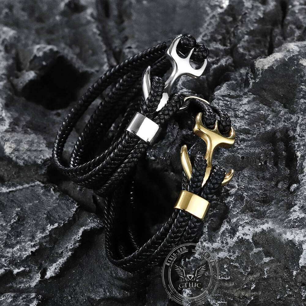 Anchor Buckle Braided Leather Stainless Steel Bracelet
