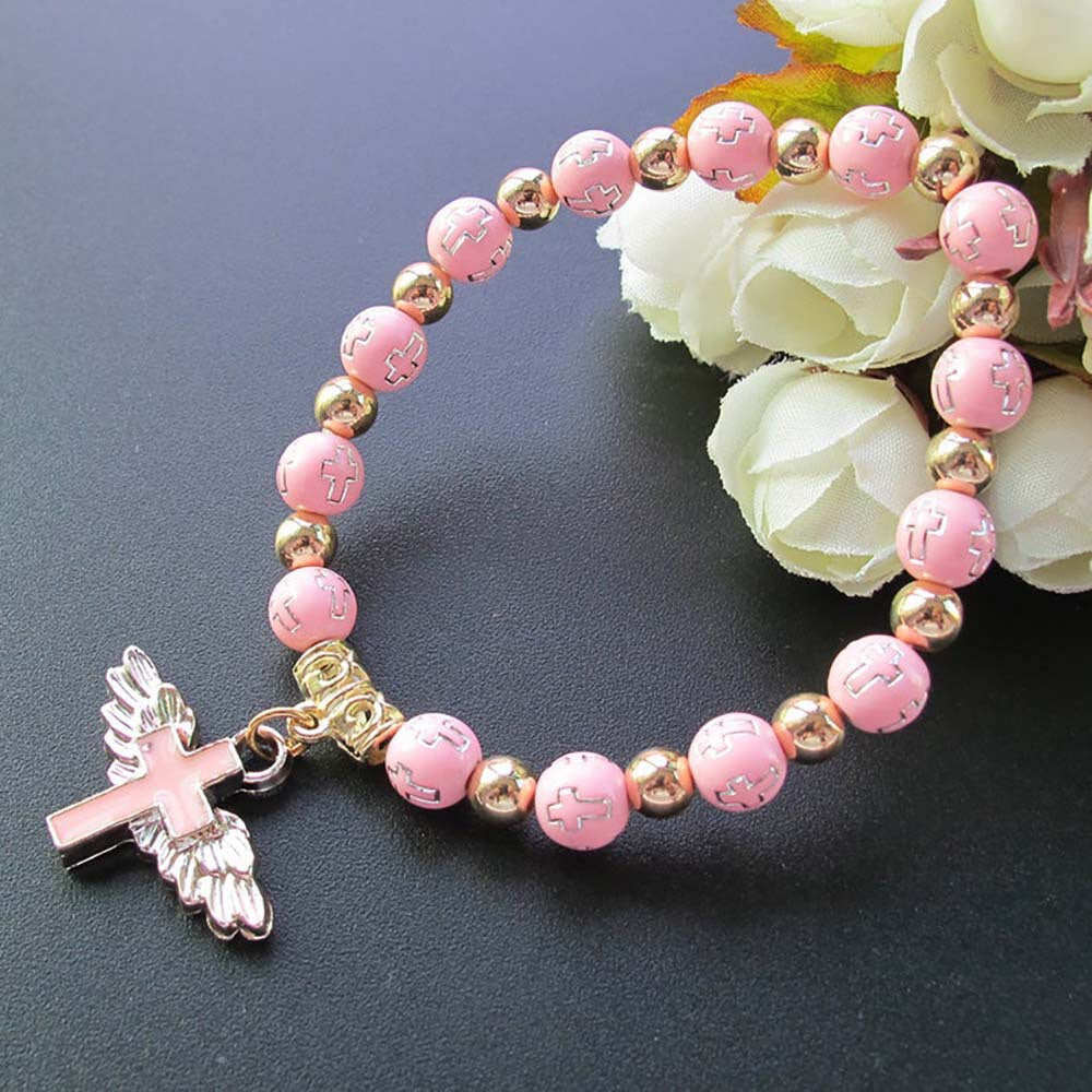 Angel Wing Cross Rosary Bronzing Acrylic Baptism Stretch Beaded