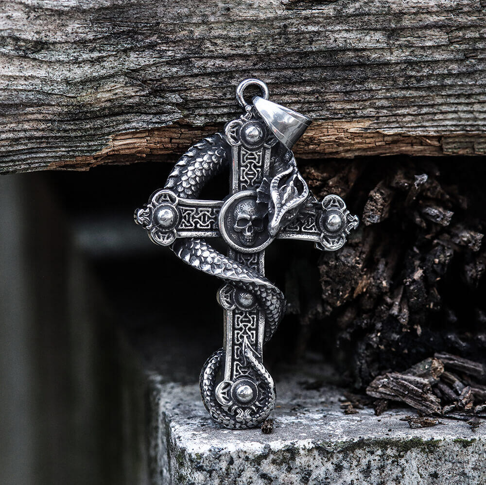 Budded Cross Dragon Stainless Steel Skull Pendant