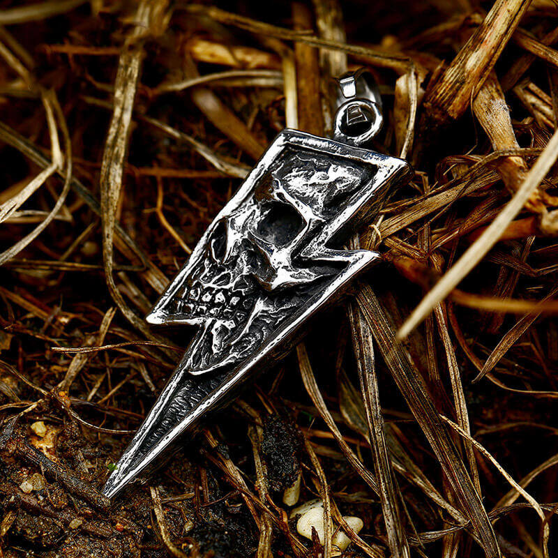 Vintage Lightning Bolt Skull Stainless Steel Pendant