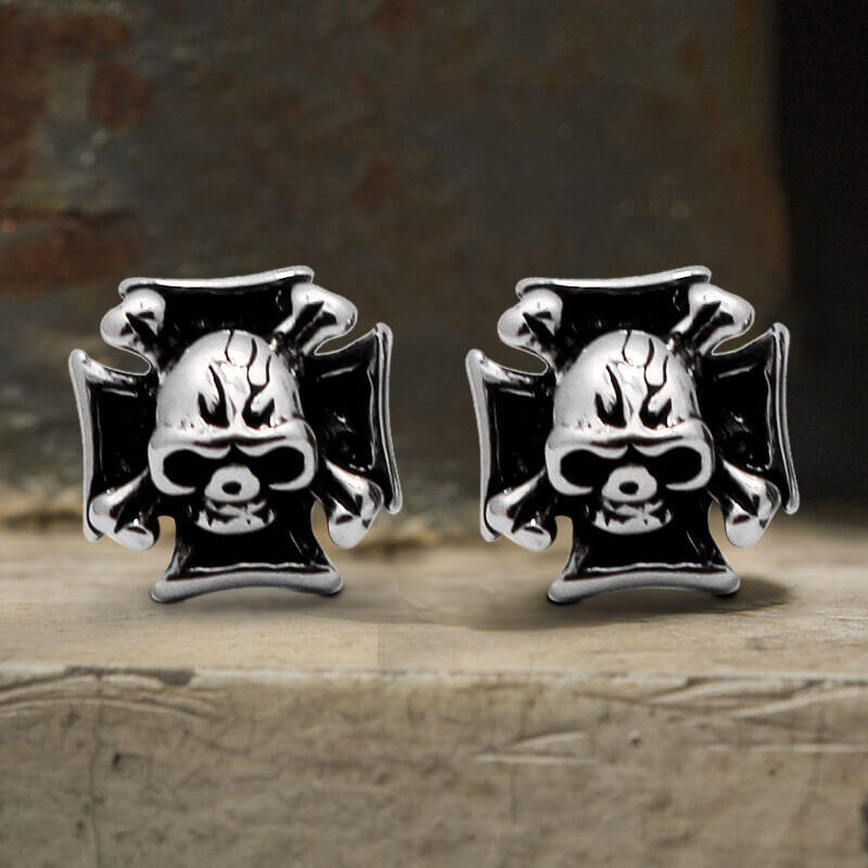 Iron Cross Stainless Steel Skull Stud Earring